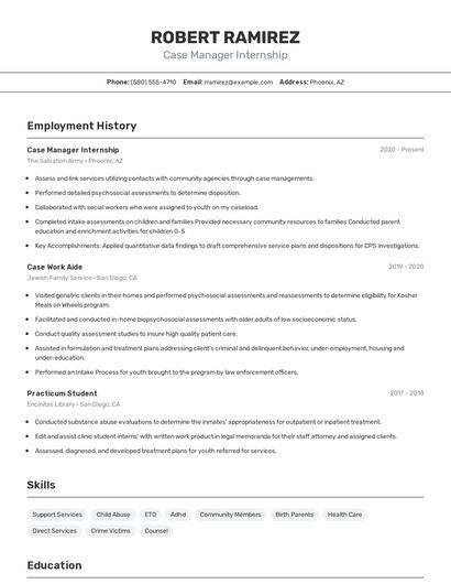Case Manager Internship Resume