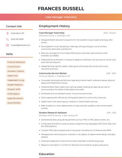 Case Manager Internship Resume