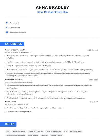 Case Manager Internship Resume