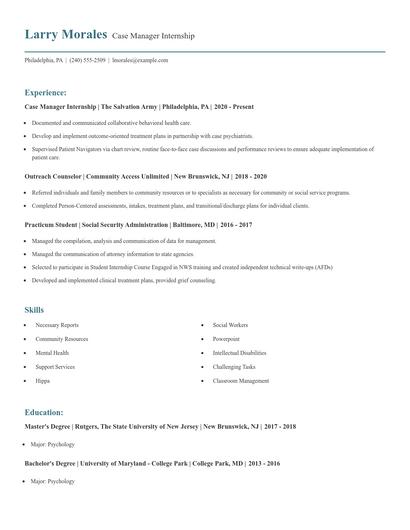 Case Manager Internship Resume