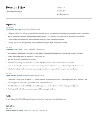Case Manager Internship Resume