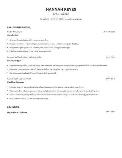 Case Packer Resume