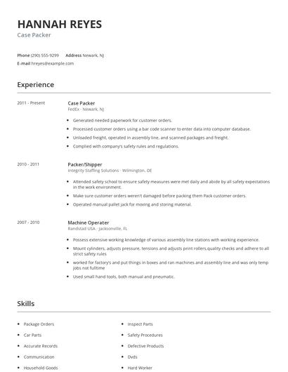 Case Packer Resume
