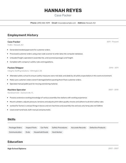 Case Packer Resume