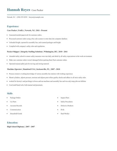 Case Packer Resume
