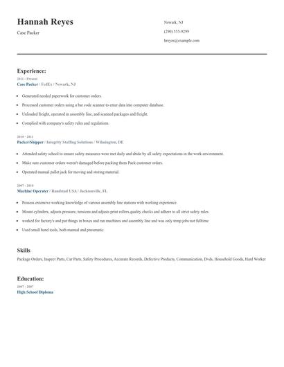Case Packer Resume