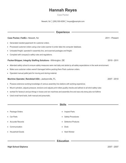 Case Packer Resume