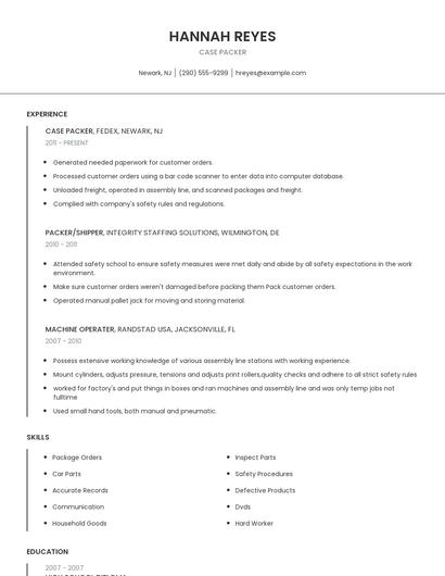 Case Packer Resume