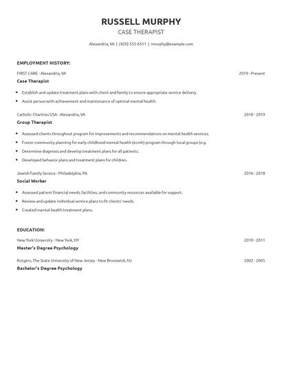 Case Therapist Resume