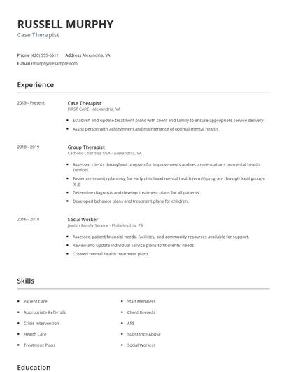 Case Therapist Resume