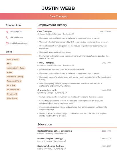 Case Therapist Resume