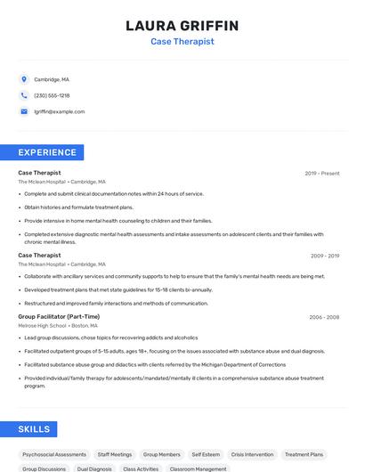 Case Therapist Resume