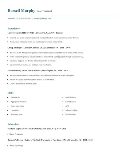 Case Therapist Resume
