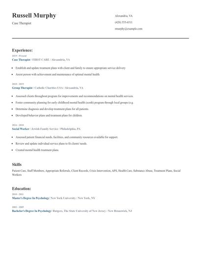 Case Therapist Resume