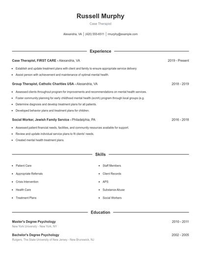 Case Therapist Resume