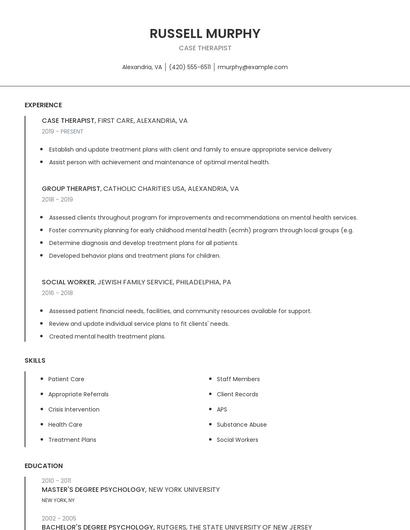 Case Therapist Resume