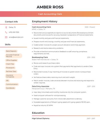 Cash Accounting Clerk Resume