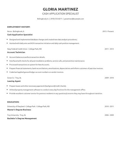 Cash Application Specialist Resume