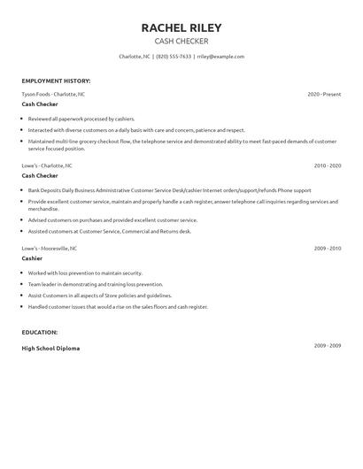 Cash Checker Resume