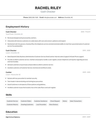 Cash Checker Resume