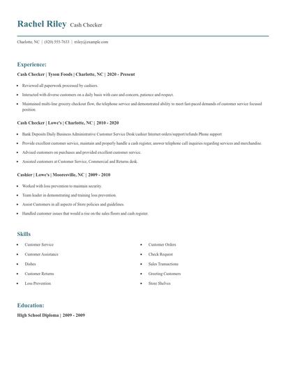 Cash Checker Resume