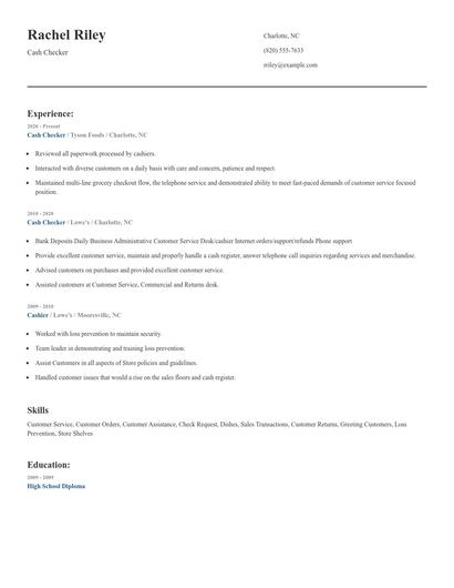 Cash Checker Resume