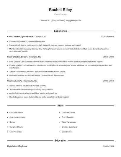 Cash Checker Resume