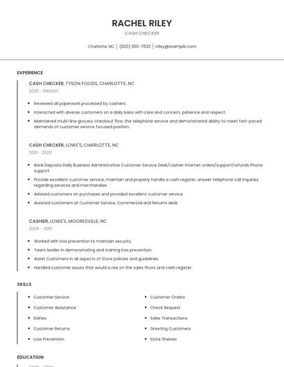 Cash Checker Resume