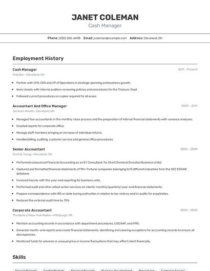 Cash Manager Resume