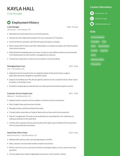 Cash Manager Resume