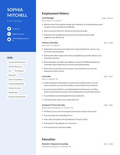 Cash Manager Resume