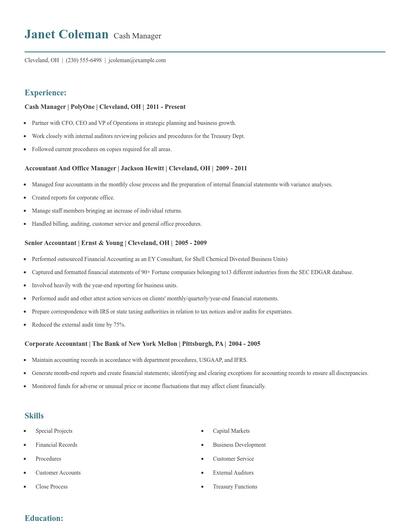 Cash Manager Resume