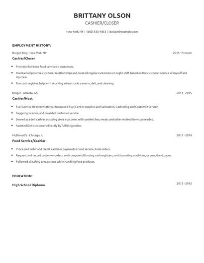 Cashier/Closer Resume