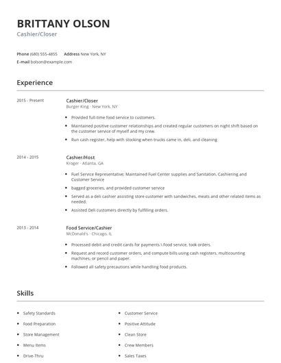 Cashier/Closer Resume