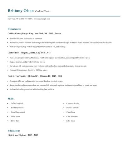 Cashier/Closer Resume