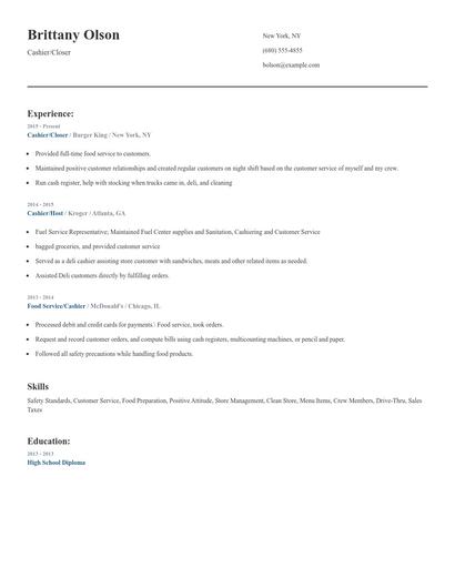 Cashier/Closer Resume