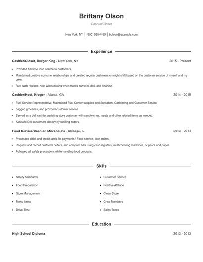 Cashier/Closer Resume
