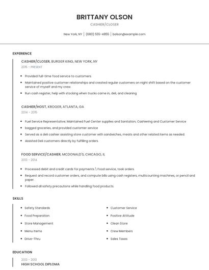 Cashier/Closer Resume
