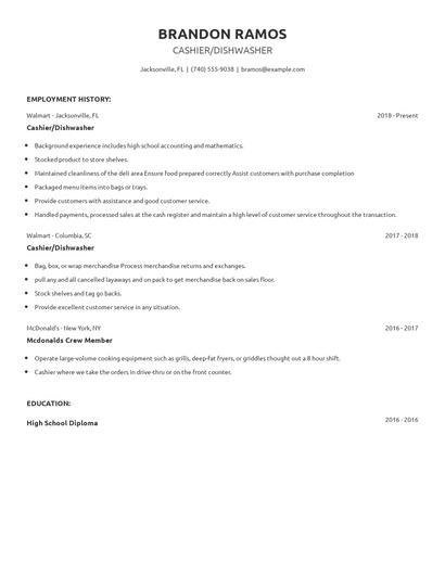 Cashier/Dishwasher Resume