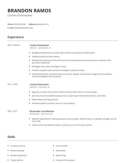 Cashier/Dishwasher Resume