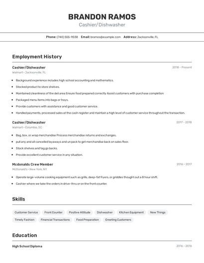 Cashier/Dishwasher Resume