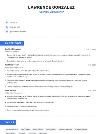 Cashier/Dishwasher Resume