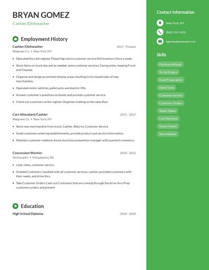 Cashier/Dishwasher Resume