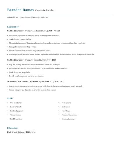 Cashier/Dishwasher Resume
