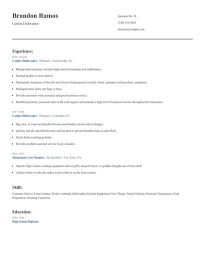Cashier/Dishwasher Resume