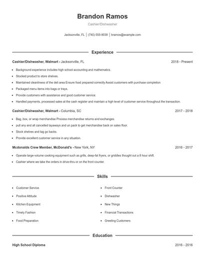 Cashier/Dishwasher Resume