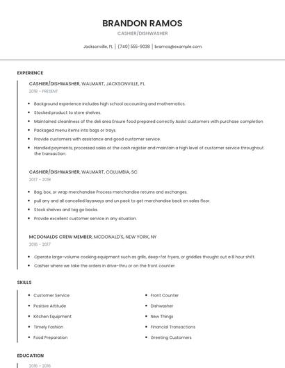 Cashier/Dishwasher Resume