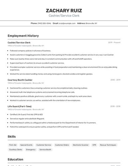 Cashier/Service Clerk Resume