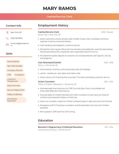 Cashier/Service Clerk Resume