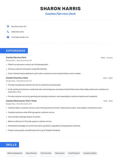 Cashier/Service Clerk Resume